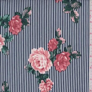 1 1/2 YD PC-ITY Dark Navy/White/Salmon Floral Pinstripe Jersey Knit Fabric