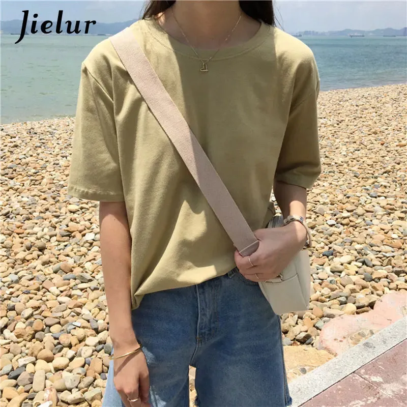 15 Colors Women's T-shirts Loose Casual Harajuku Basic Tee Shirt Summer Korean Female T-shirt S-XL Apricot White Tops