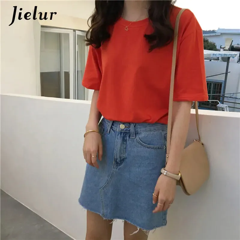 15 Colors Women's T-shirts Loose Casual Harajuku Basic Tee Shirt Summer Korean Female T-shirt S-XL Apricot White Tops