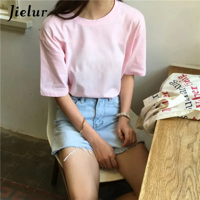 15 Colors Women's T-shirts Loose Casual Harajuku Basic Tee Shirt Summer Korean Female T-shirt S-XL Apricot White Tops