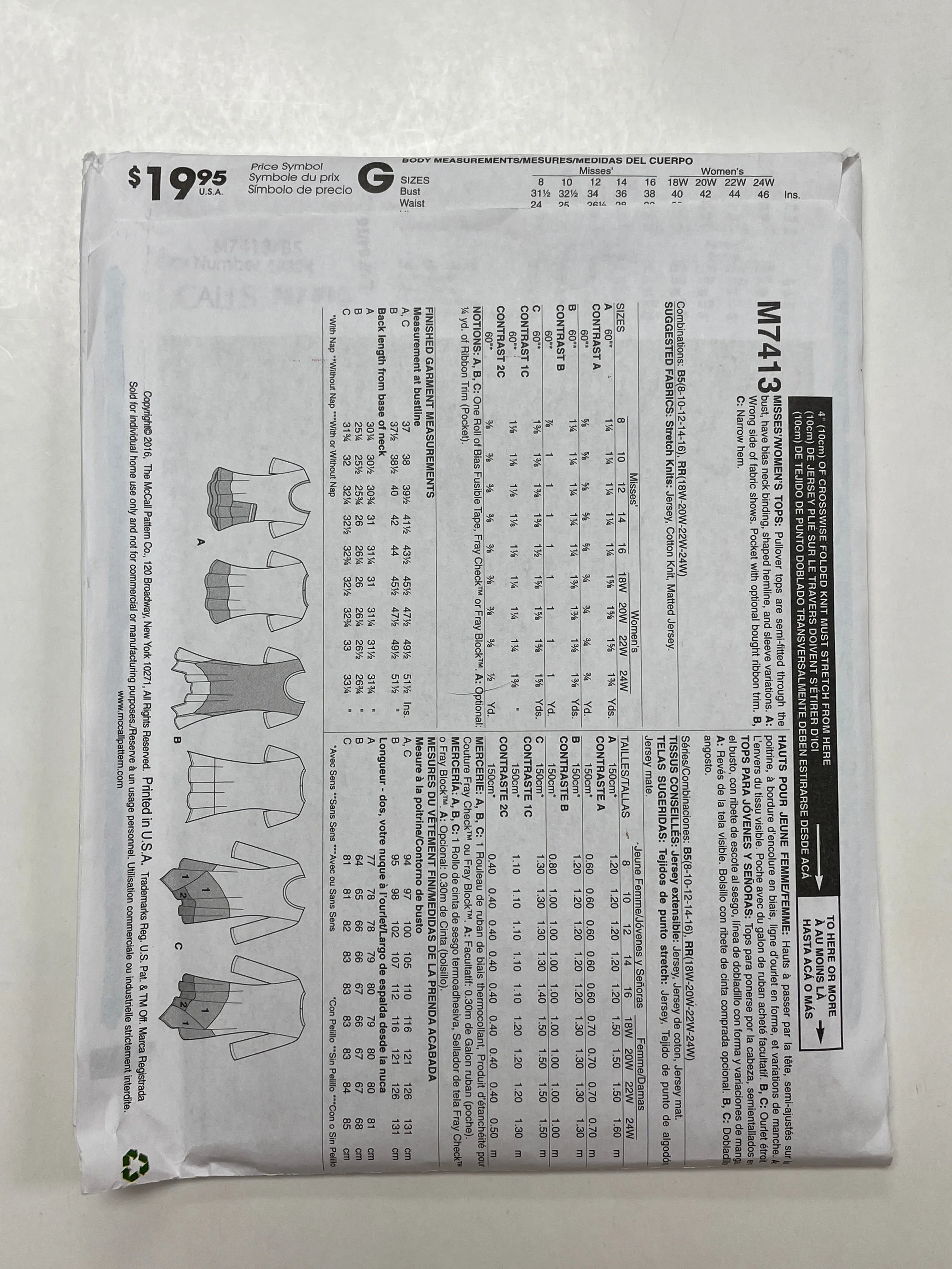 2016 McCall's 7413 Sewing Pattern - Blouses FACTORY FOLDED