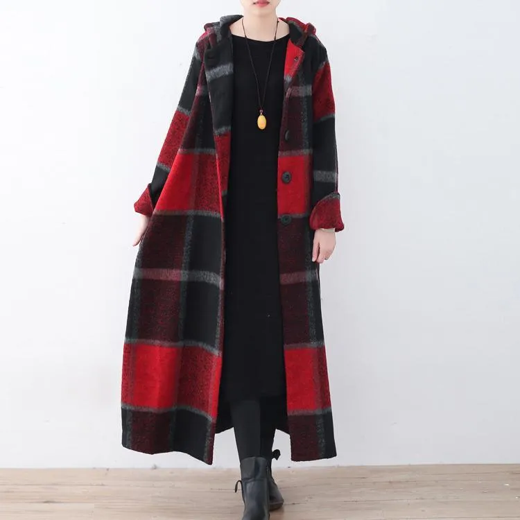 2021 Red Plaid Wool Coat Plussize Winter Coat Women Hooded Maxi Coat