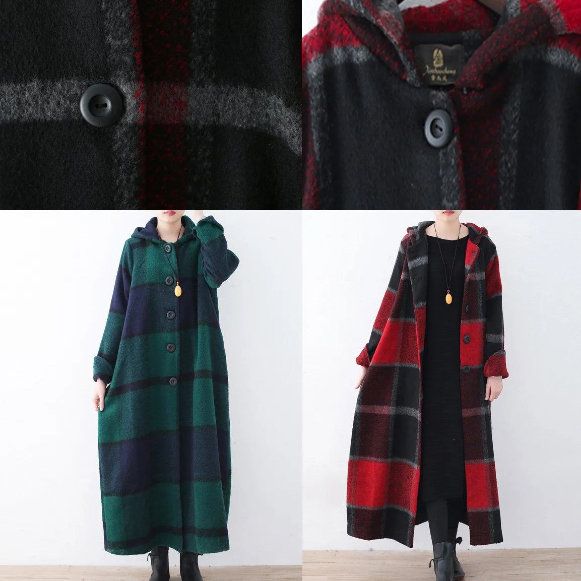 2021 Red Plaid Wool Coat Plussize Winter Coat Women Hooded Maxi Coat