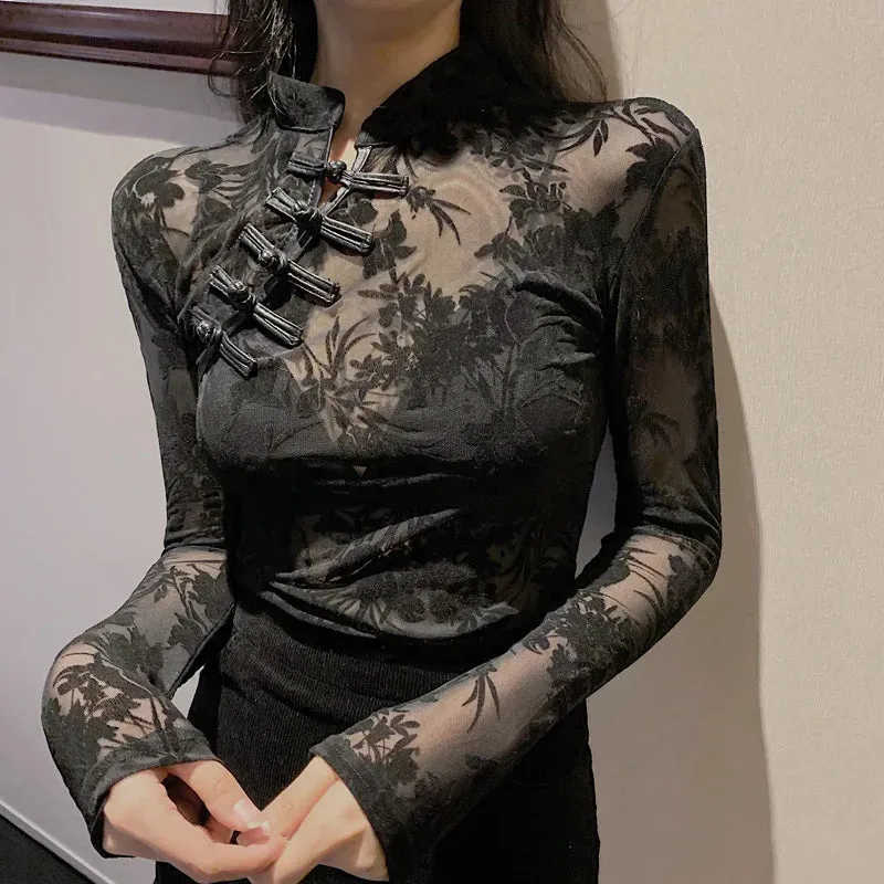 2023 Fashionable Lace See Through Long Sleeve Slim Chinese Turtleneck Black Sexy Top