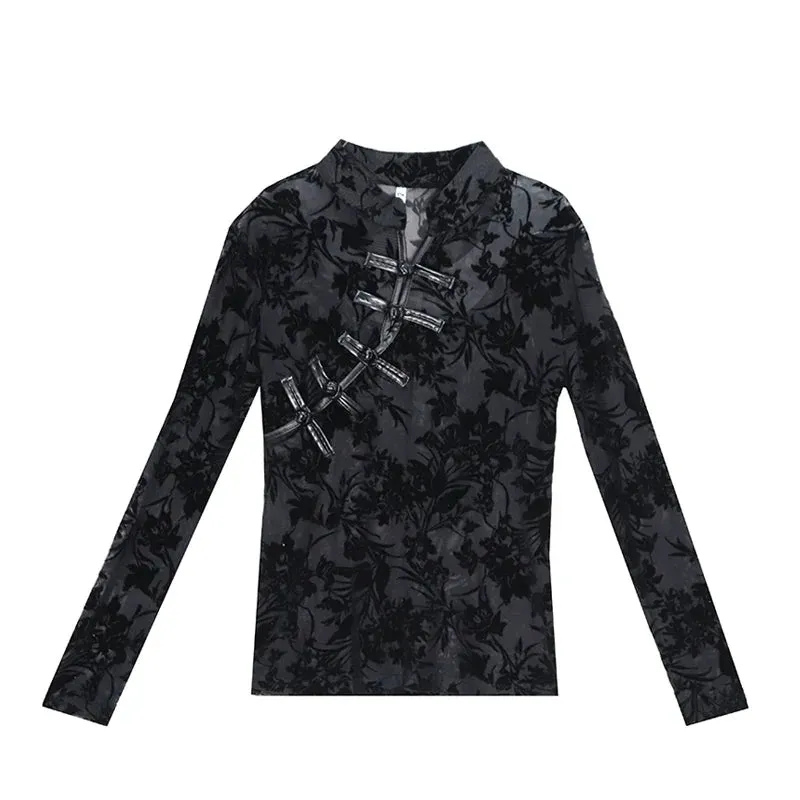 2023 Fashionable Lace See Through Long Sleeve Slim Chinese Turtleneck Black Sexy Top