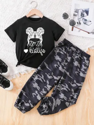 2pcs Toddler Girls' Short Sleeve Round Neck T-Shirt Set, Cute Printed Summer Outfits With Fashionable Long Sport Pants. Ideal For Casual Wear In Summer.