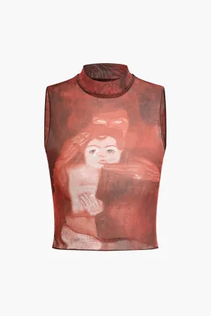 Abstract Print Mock Neck Mesh Tank Top