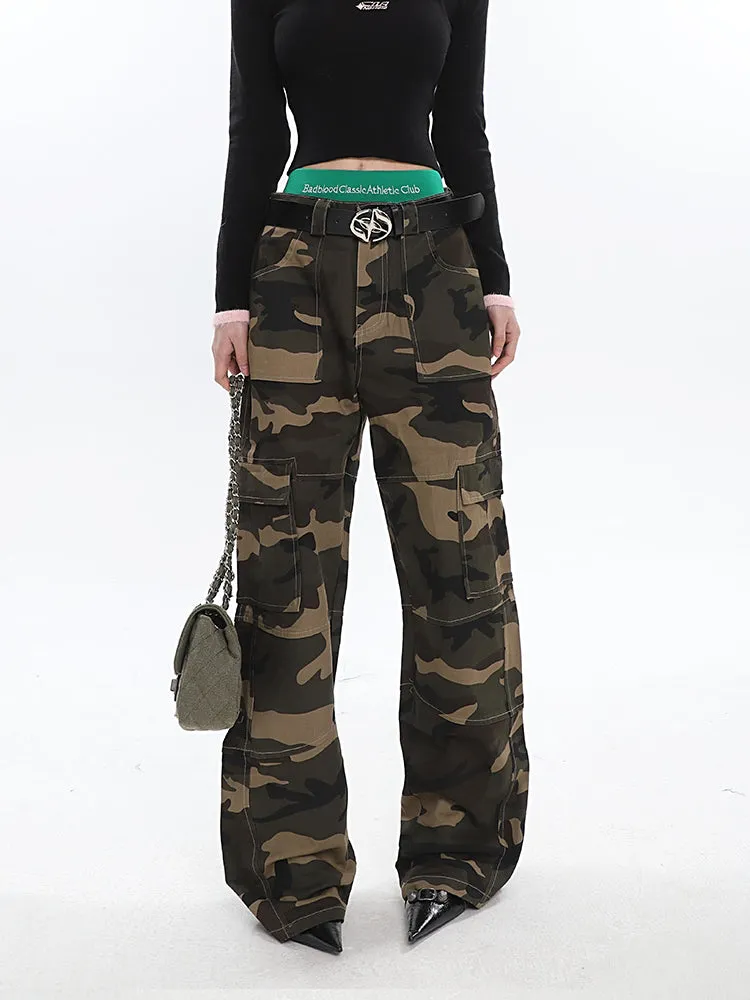 Alissa Army Green Camouflage Straight Leg High Waist Cargo Pants