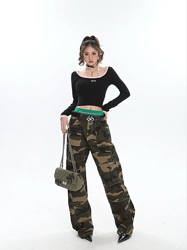 Alissa Army Green Camouflage Straight Leg High Waist Cargo Pants