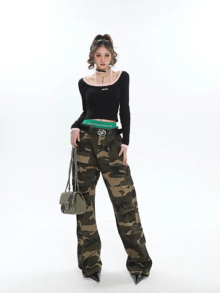 Alissa Army Green Camouflage Straight Leg High Waist Cargo Pants