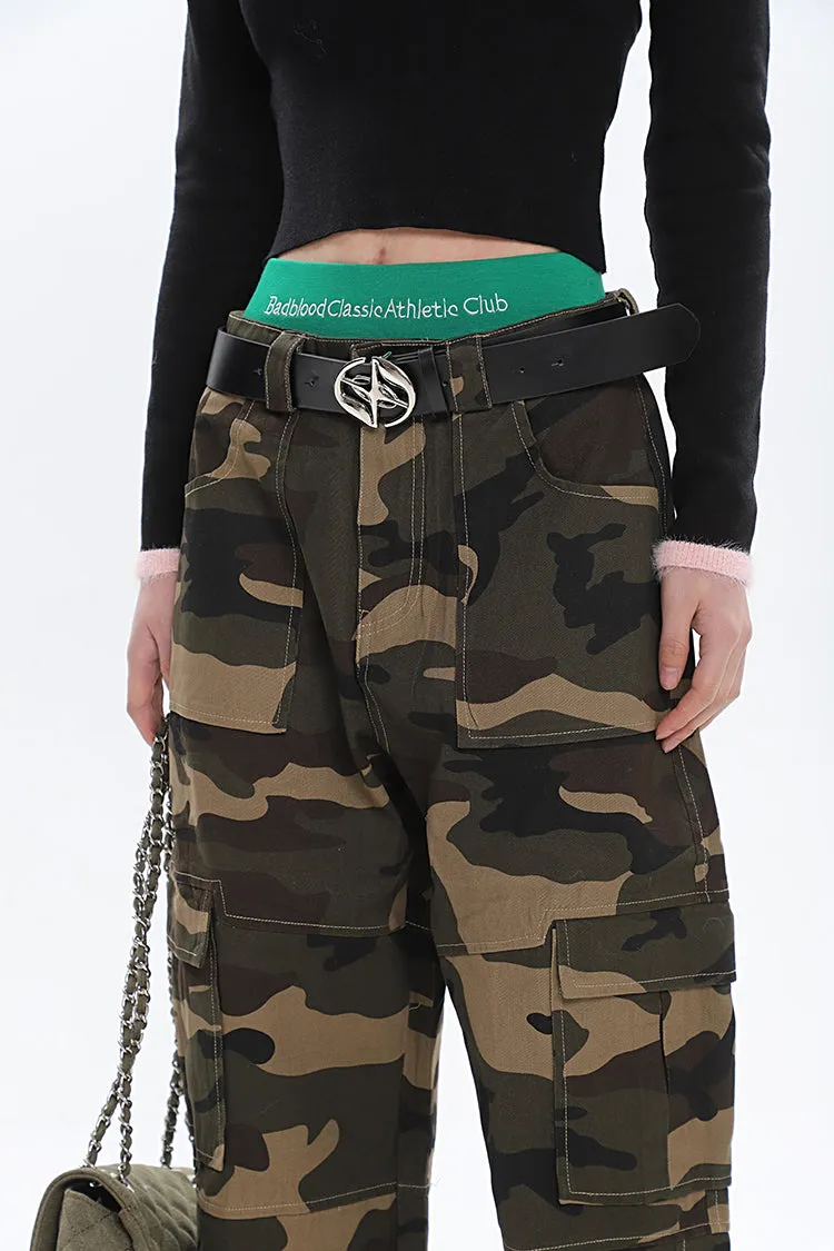 Alissa Army Green Camouflage Straight Leg High Waist Cargo Pants