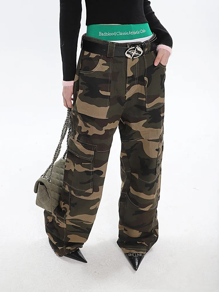 Alissa Army Green Camouflage Straight Leg High Waist Cargo Pants