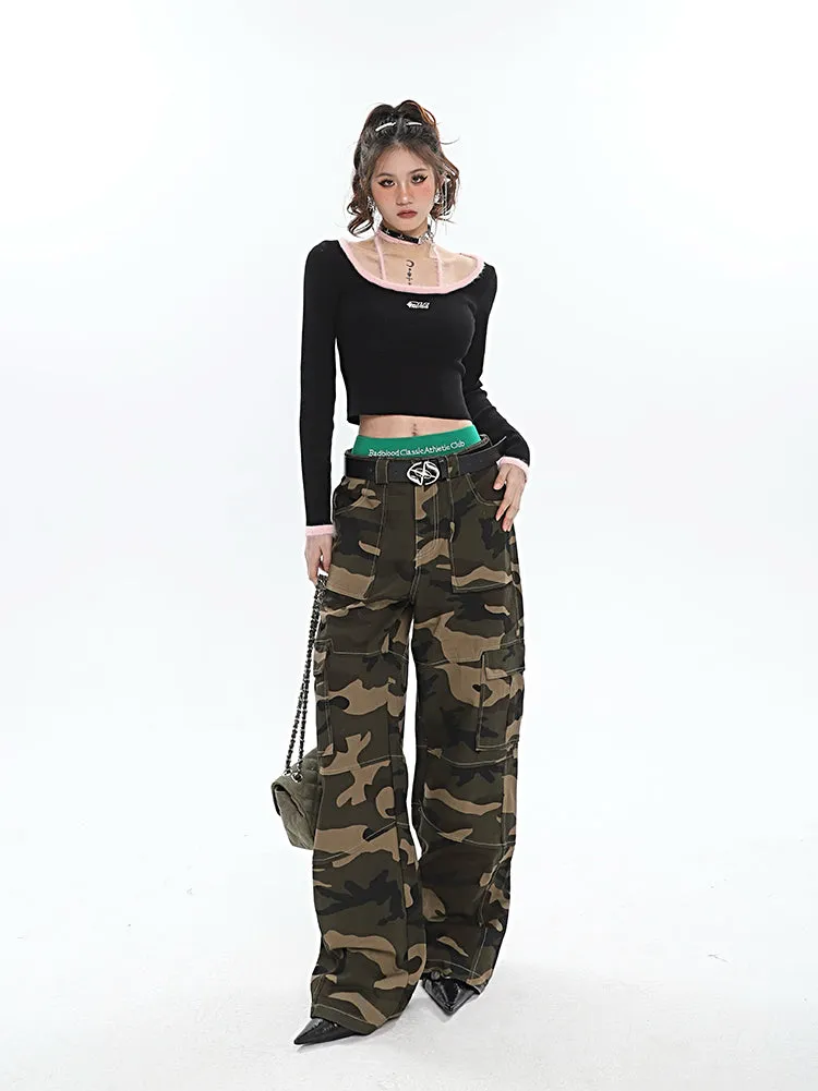 Alissa Army Green Camouflage Straight Leg High Waist Cargo Pants