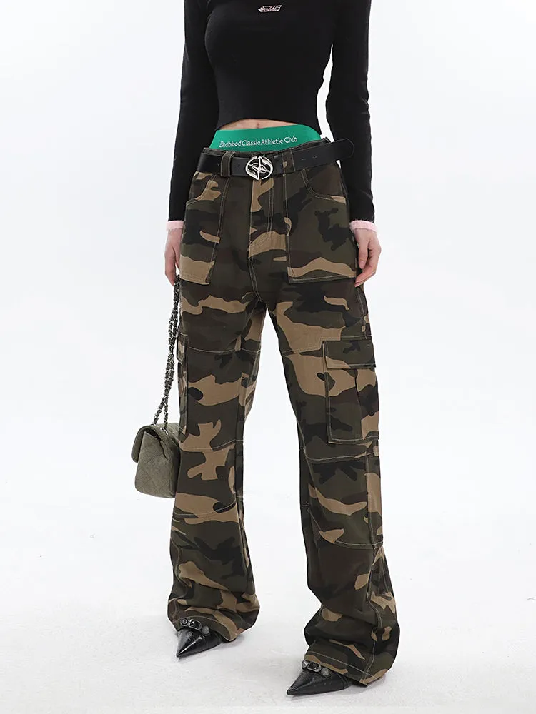 Alissa Army Green Camouflage Straight Leg High Waist Cargo Pants