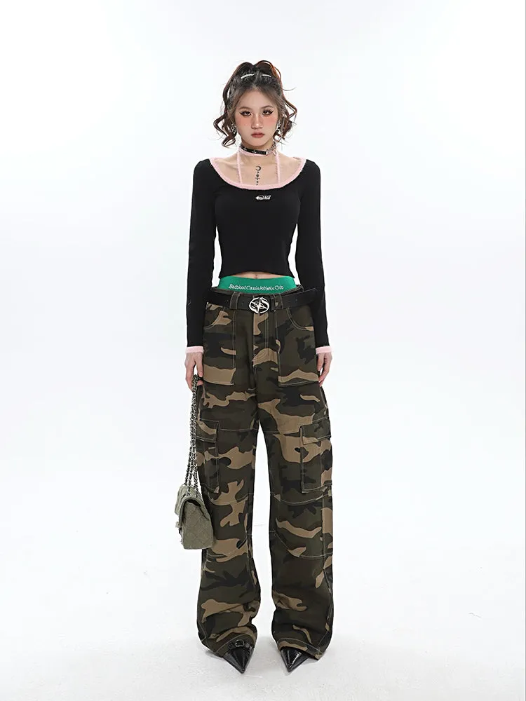 Alissa Army Green Camouflage Straight Leg High Waist Cargo Pants