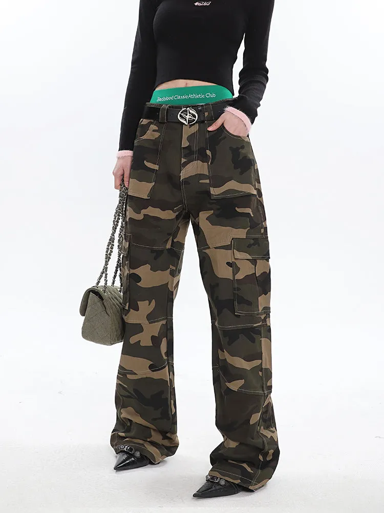 Alissa Army Green Camouflage Straight Leg High Waist Cargo Pants