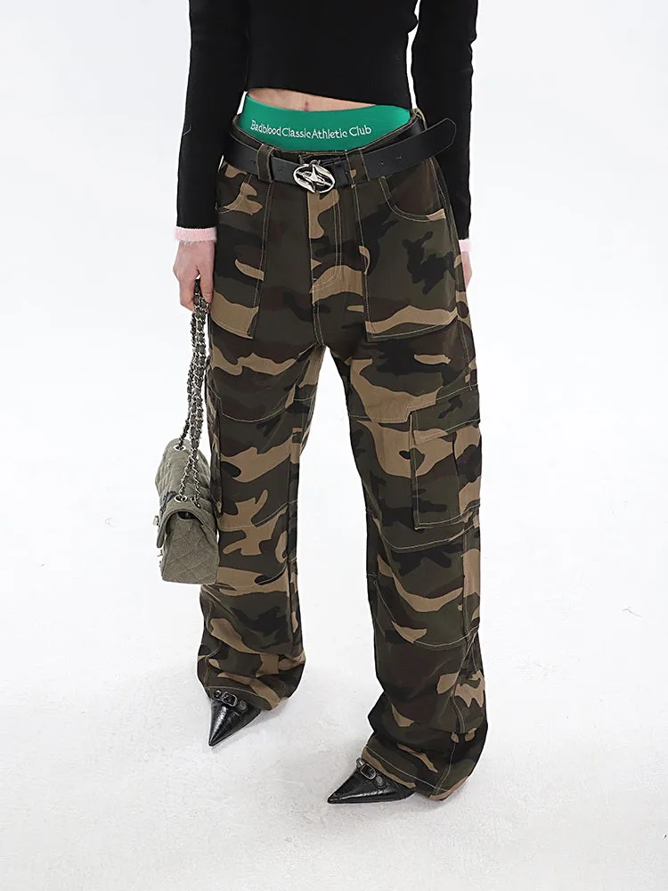 Alissa Army Green Camouflage Straight Leg High Waist Cargo Pants