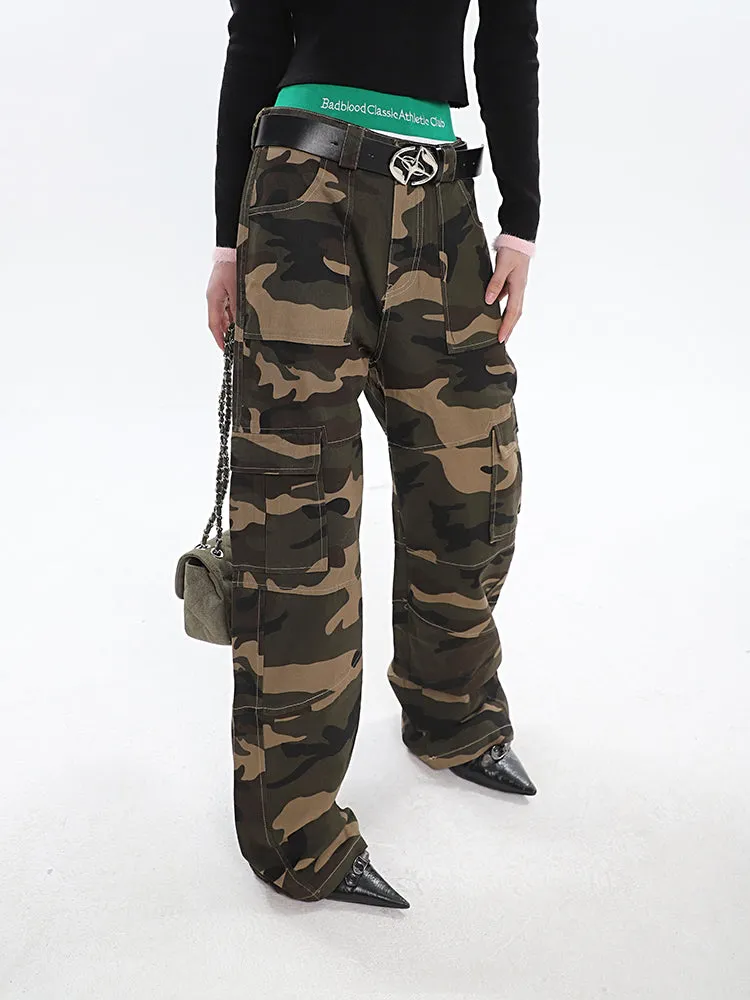 Alissa Army Green Camouflage Straight Leg High Waist Cargo Pants