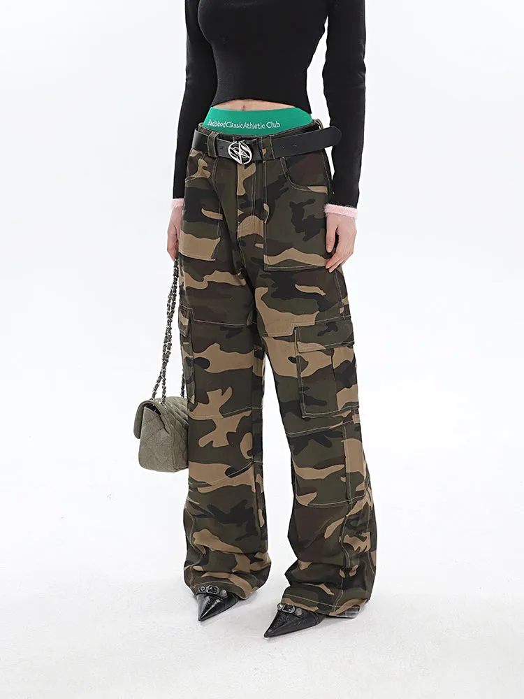 Alissa Army Green Camouflage Straight Leg High Waist Cargo Pants