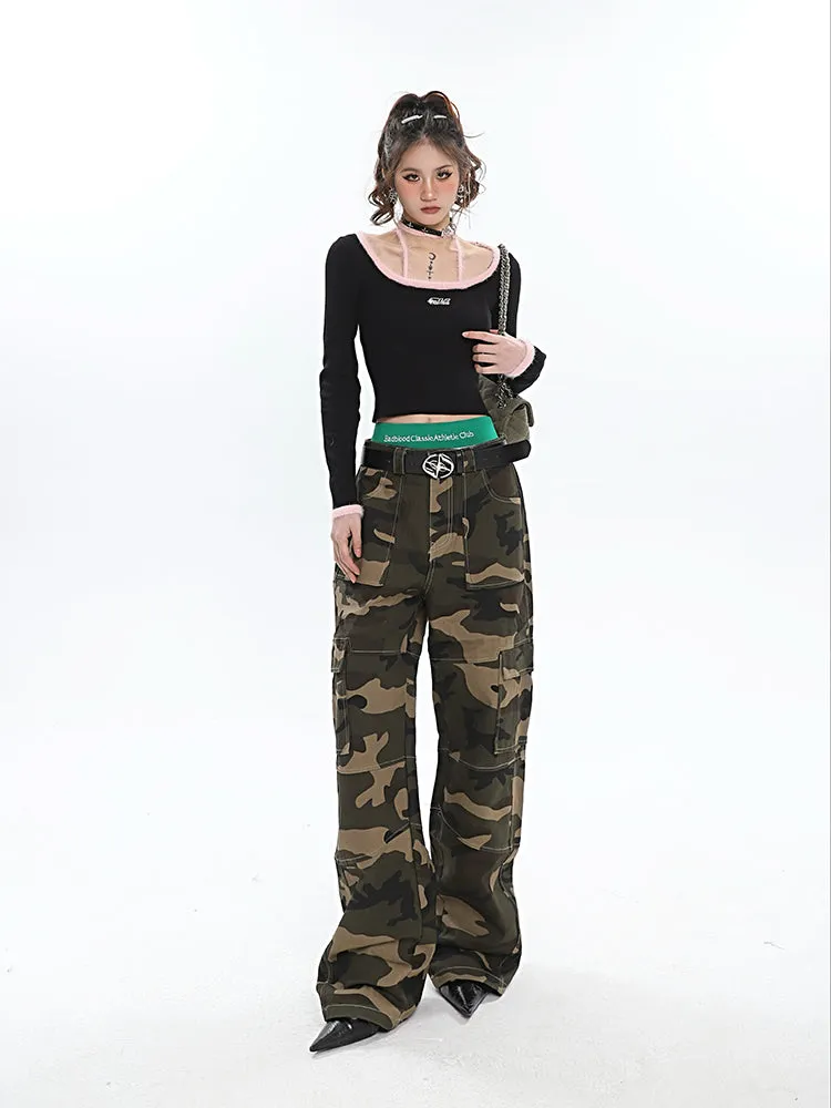 Alissa Army Green Camouflage Straight Leg High Waist Cargo Pants