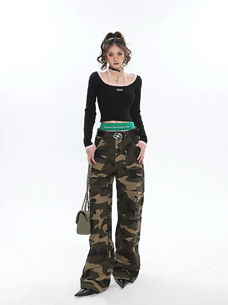 Alissa Army Green Camouflage Straight Leg High Waist Cargo Pants