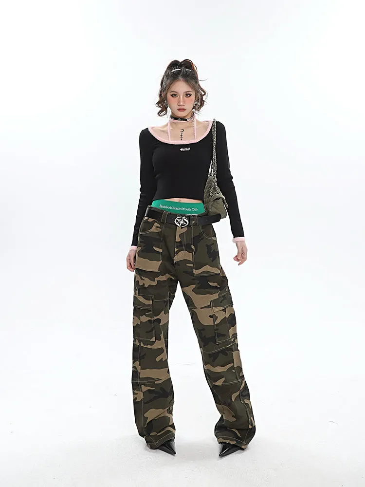 Alissa Army Green Camouflage Straight Leg High Waist Cargo Pants