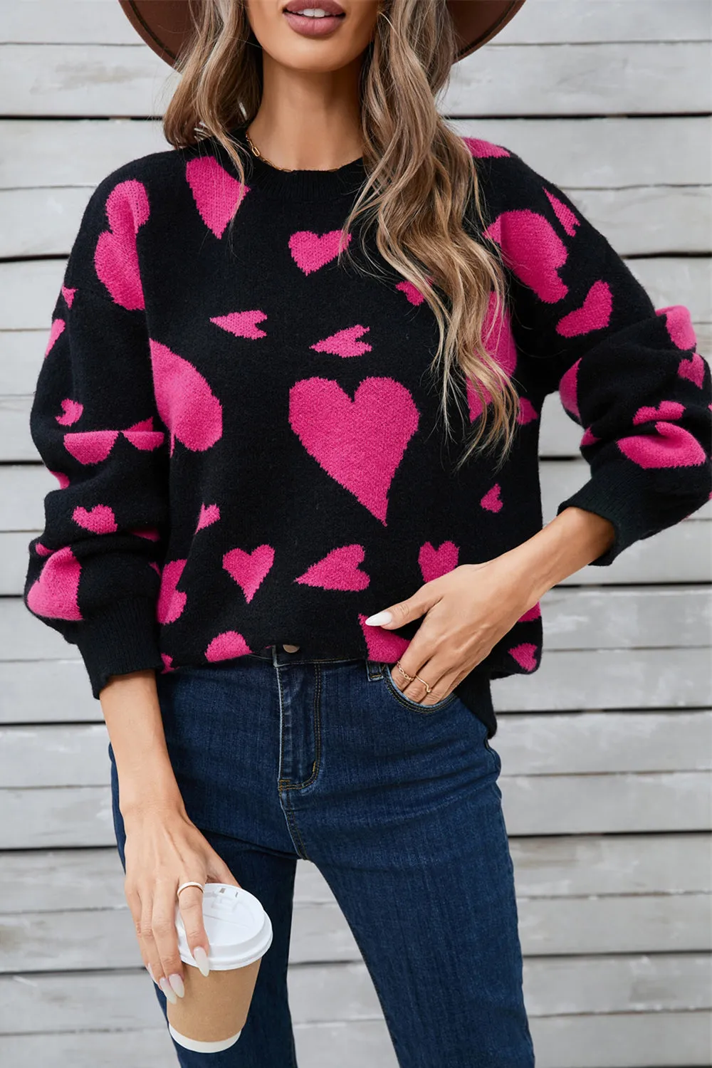 Angel Wings Heart Contrast Round Neck Long Sleeve Sweater