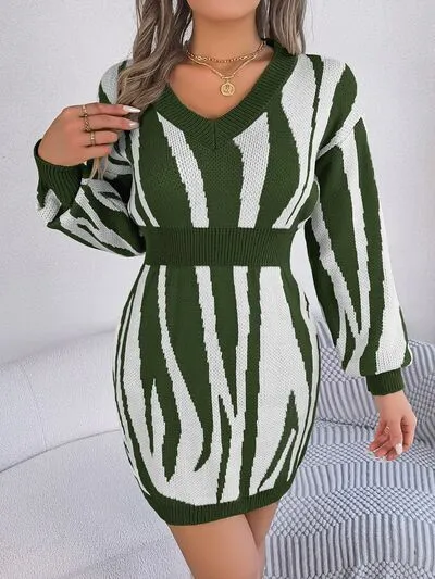 Animal Print V-Neck Long Sleeve Sweater Dress