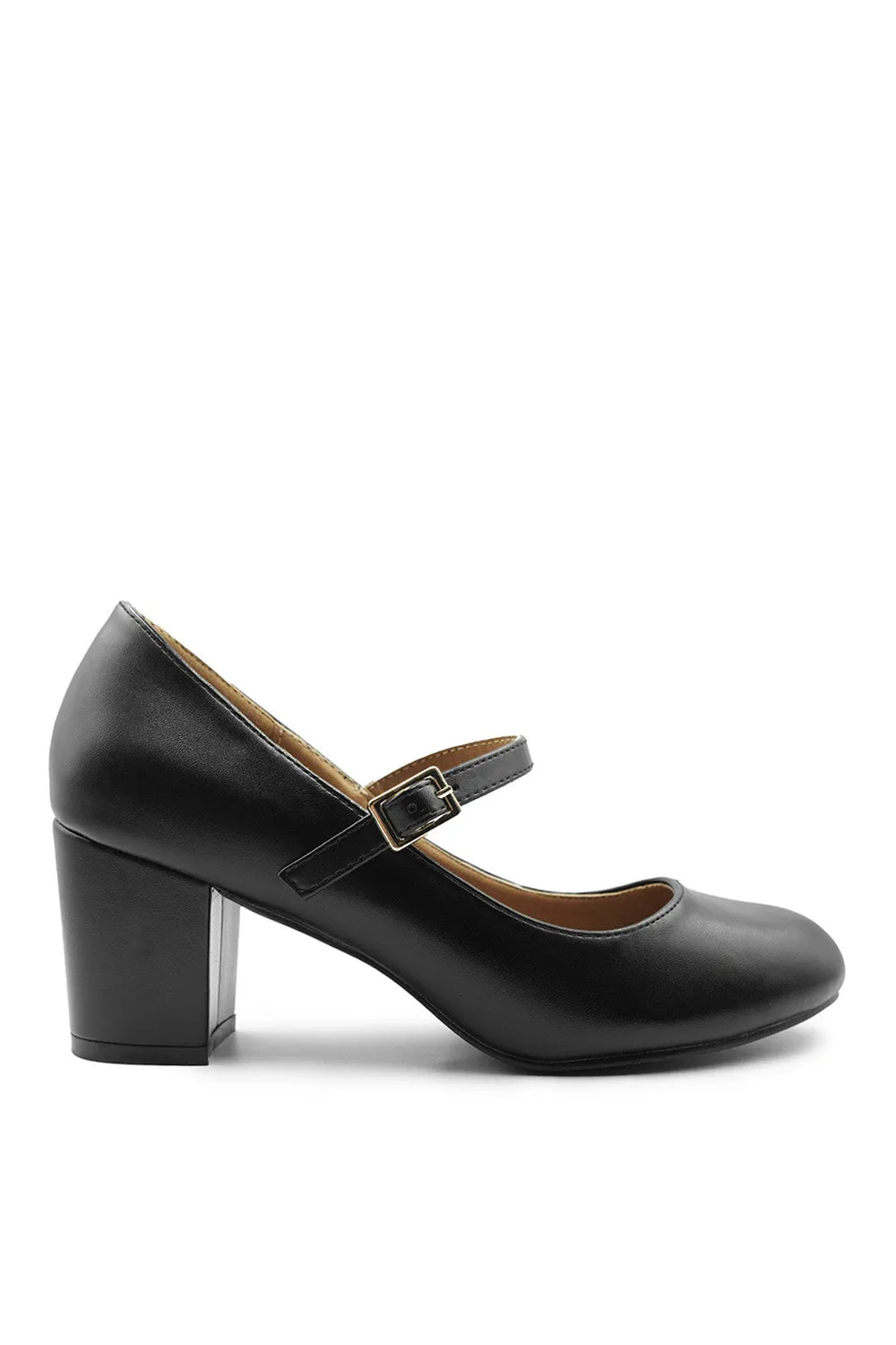 ARACELI EXTRA WIDE FIT BLOCK HEEL MARY JANE PUMPS IN BLACK FAUX LEATHER