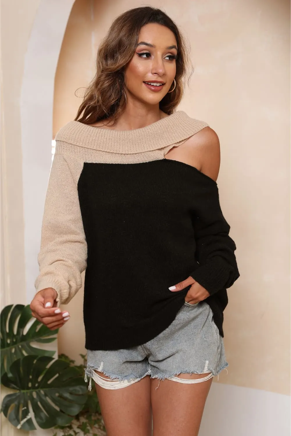 Asymmetrical Long Sleeve Two-Tone Cutout Sweater