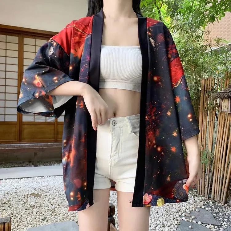 Autumn Red Fire Anime Girl Kimono Outerwear