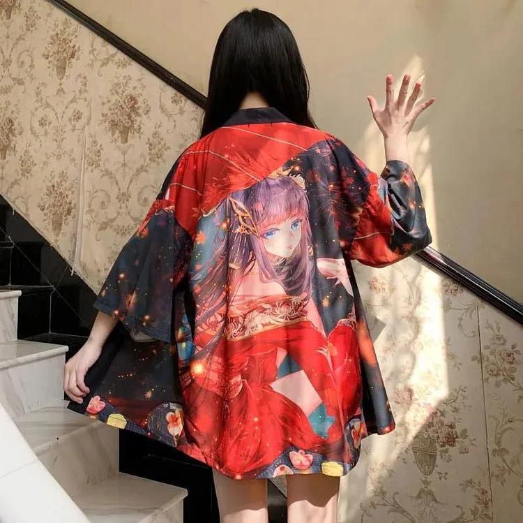 Autumn Red Fire Anime Girl Kimono Outerwear