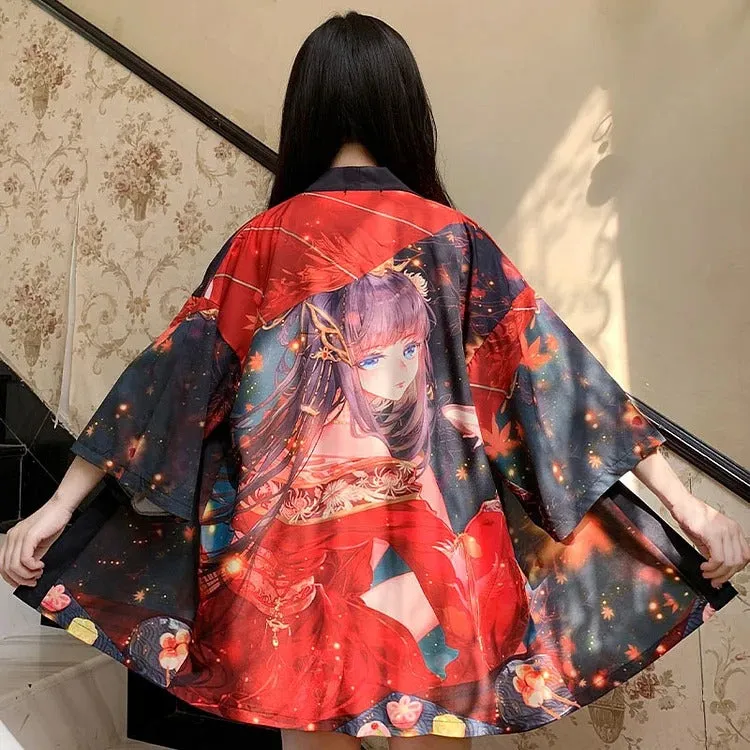 Autumn Red Fire Anime Girl Kimono Outerwear