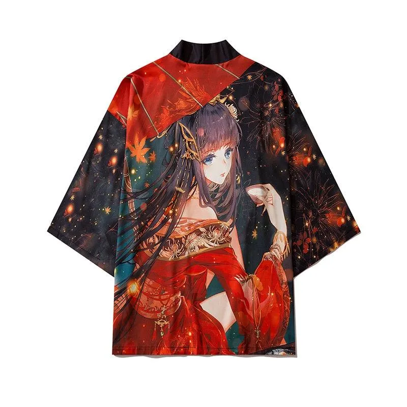 Autumn Red Fire Anime Girl Kimono Outerwear