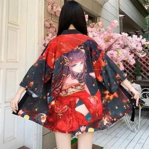 Autumn Red Fire Anime Girl Kimono Outerwear