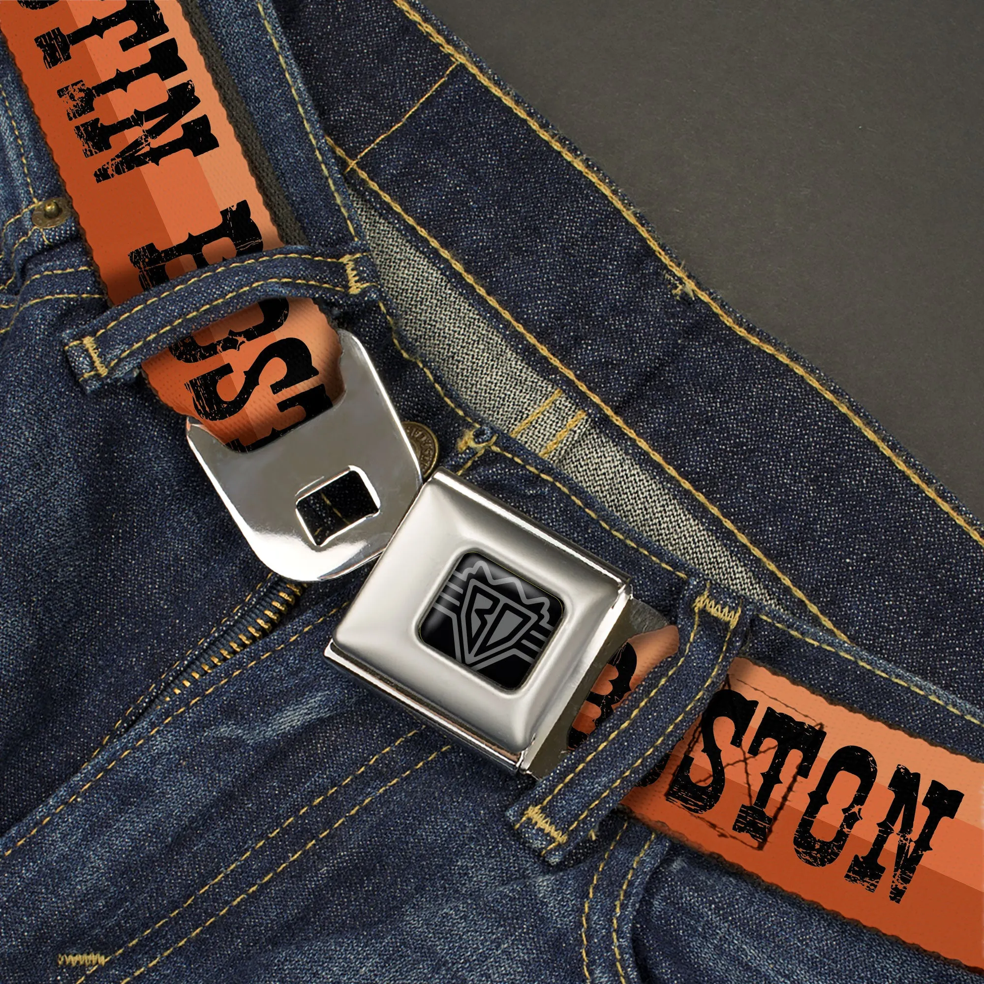 BD Wings Logo CLOSE-UP Black/Silver Seatbelt Belt - Dallas-Raleigh-Tennessee-Austin-Boston Stripes Browns/Black Webbing