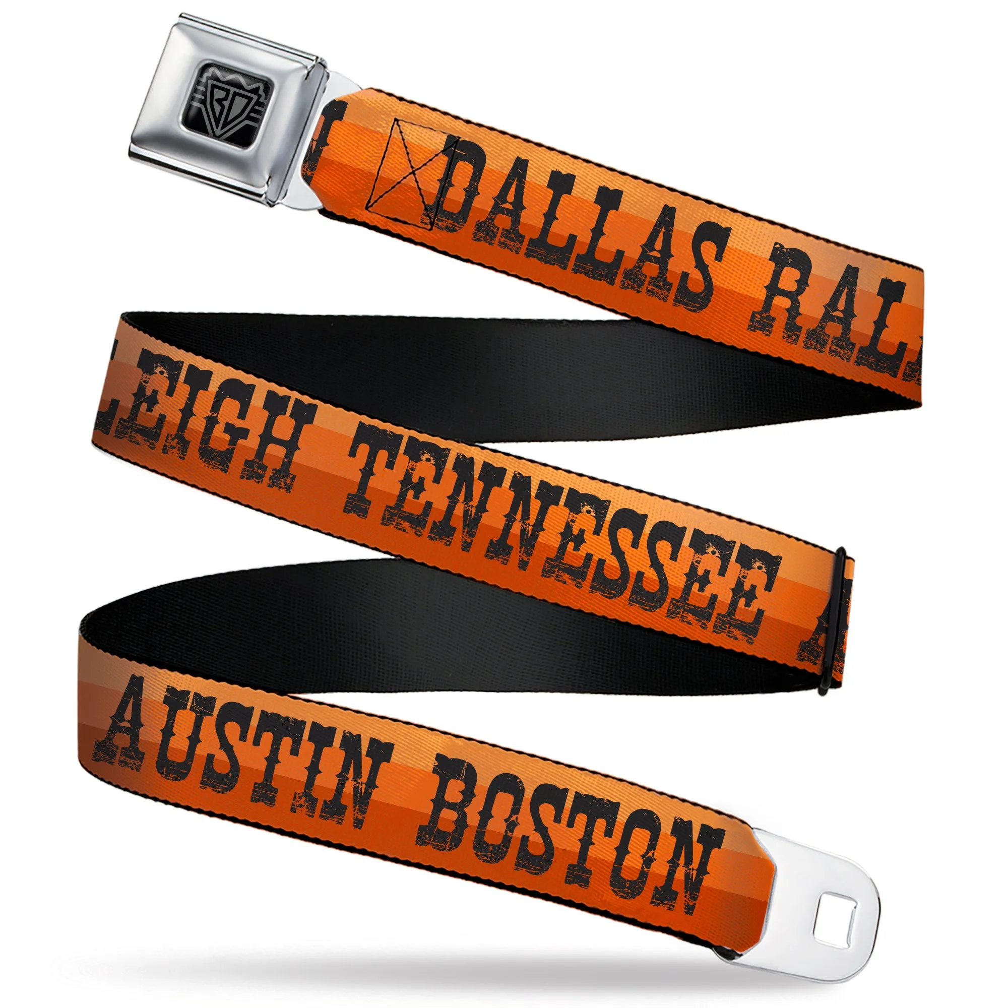 BD Wings Logo CLOSE-UP Black/Silver Seatbelt Belt - Dallas-Raleigh-Tennessee-Austin-Boston Stripes Browns/Black Webbing