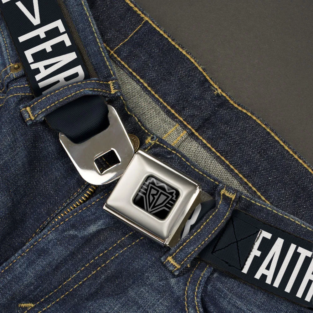 BD Wings Logo CLOSE-UP Black/Silver Seatbelt Belt - FAITH Greater Than FEAR Navy Blue/White Webbing