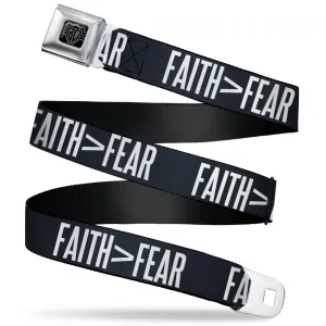 BD Wings Logo CLOSE-UP Black/Silver Seatbelt Belt - FAITH Greater Than FEAR Navy Blue/White Webbing