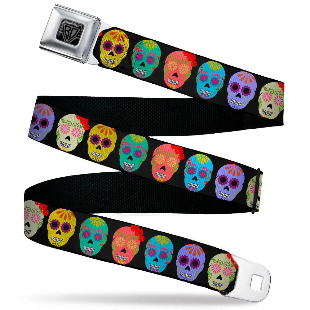 BD Wings Logo CLOSE-UP Black/Silver Seatbelt Belt - Painted Sugar Skulls Black/Multi Color Webbing by Buckle-Down