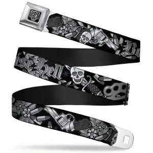 BD Wings Logo CLOSE-UP Full Color Black Silver Seatbelt Belt - Born to Raise Hell Black/White Webbing