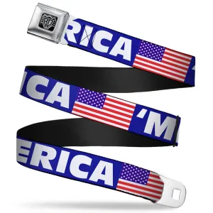 BD Wings Logo CLOSE-UP Full Color Black Silver Seatbelt Belt - 'MERICA/US Flag Blue/White/Red Webbing