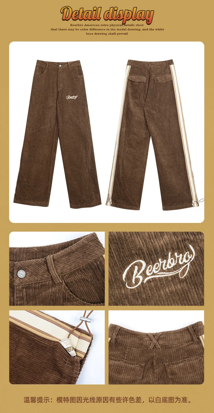 Beerbro Solid Color High Waist Long Corduroy Straight Leg Pants