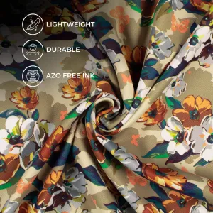 Beige And Dark Orange Floral Pattern Digital Print Twill Fabric (Width 56 Inches)