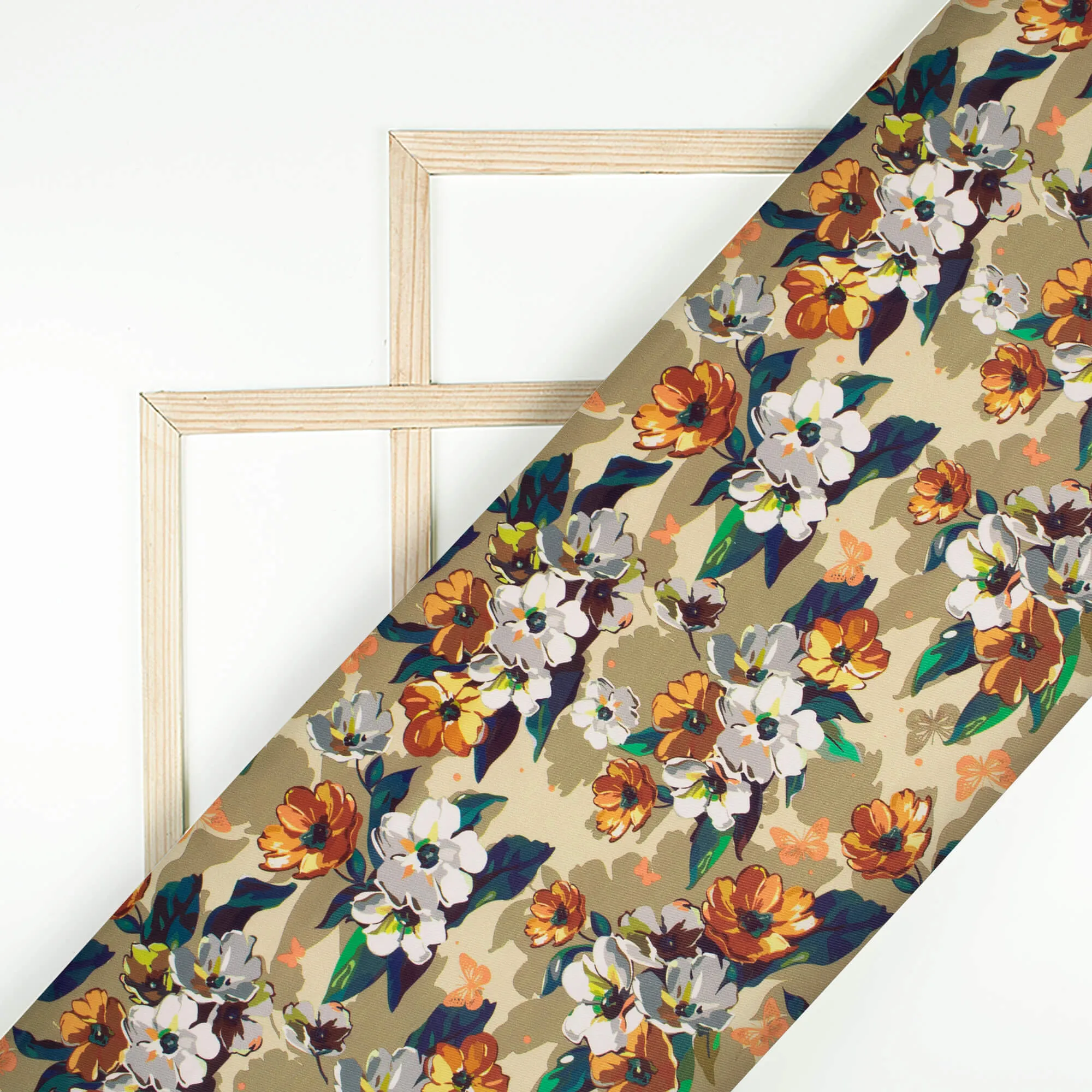 Beige And Dark Orange Floral Pattern Digital Print Twill Fabric (Width 56 Inches)