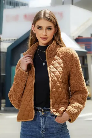 BerryBetty - Camel Fleece Patchwork Quilted Cropped Women Puffer Jacket