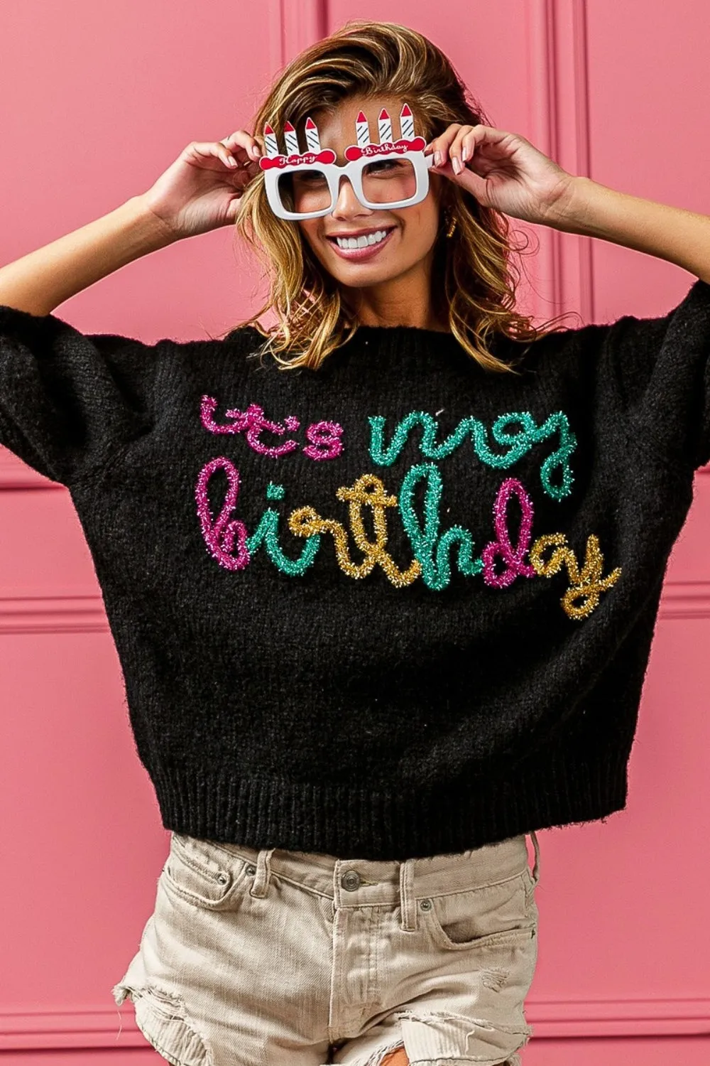 Birthday Metallic Letter Puff Sleeve Hairy Sweater