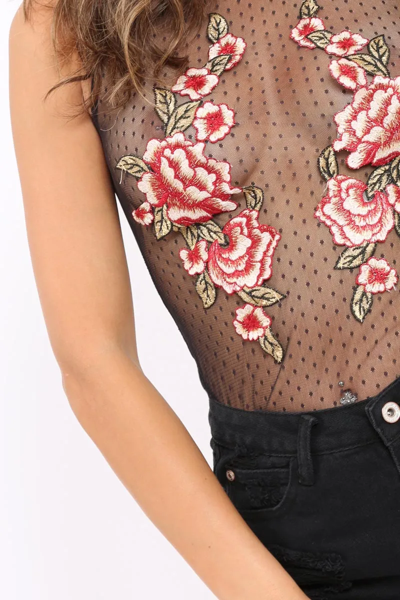 Black Mesh Flower Applique Bodysuit - Montana