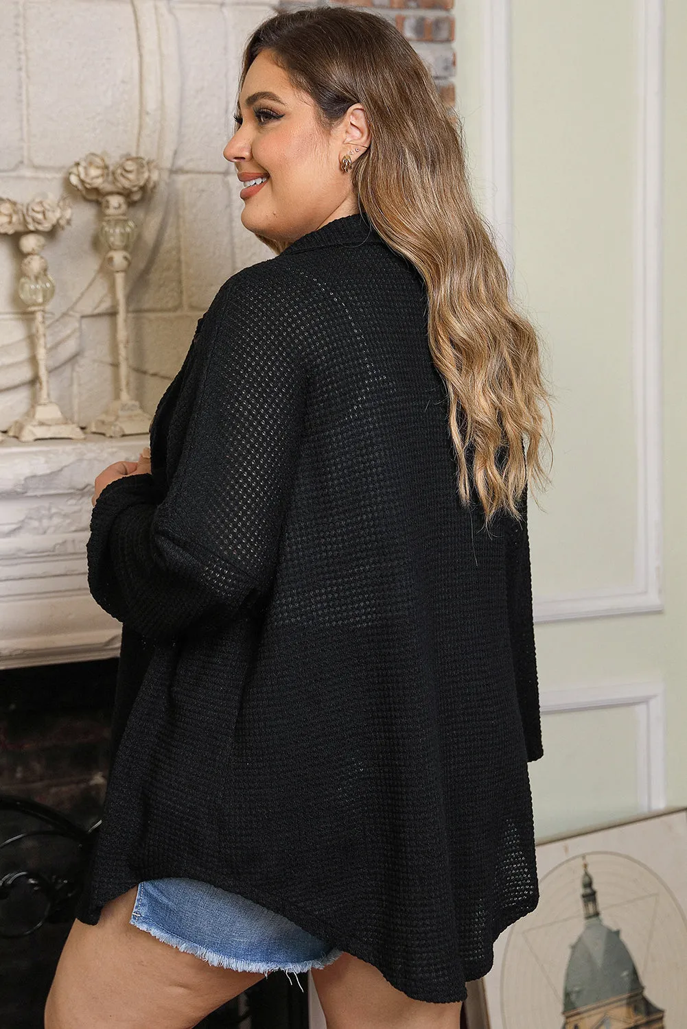 Black Plus Size Chest Pocket Waffle Knit Shirt