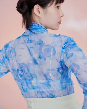 Blue flower see-through tops